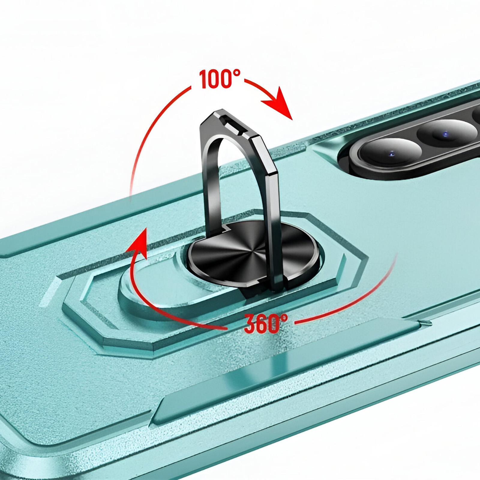 Custodia per telefono verde acqua con un supporto ad anello che ruota di 360 gradi e si inclina di 100 gradi.