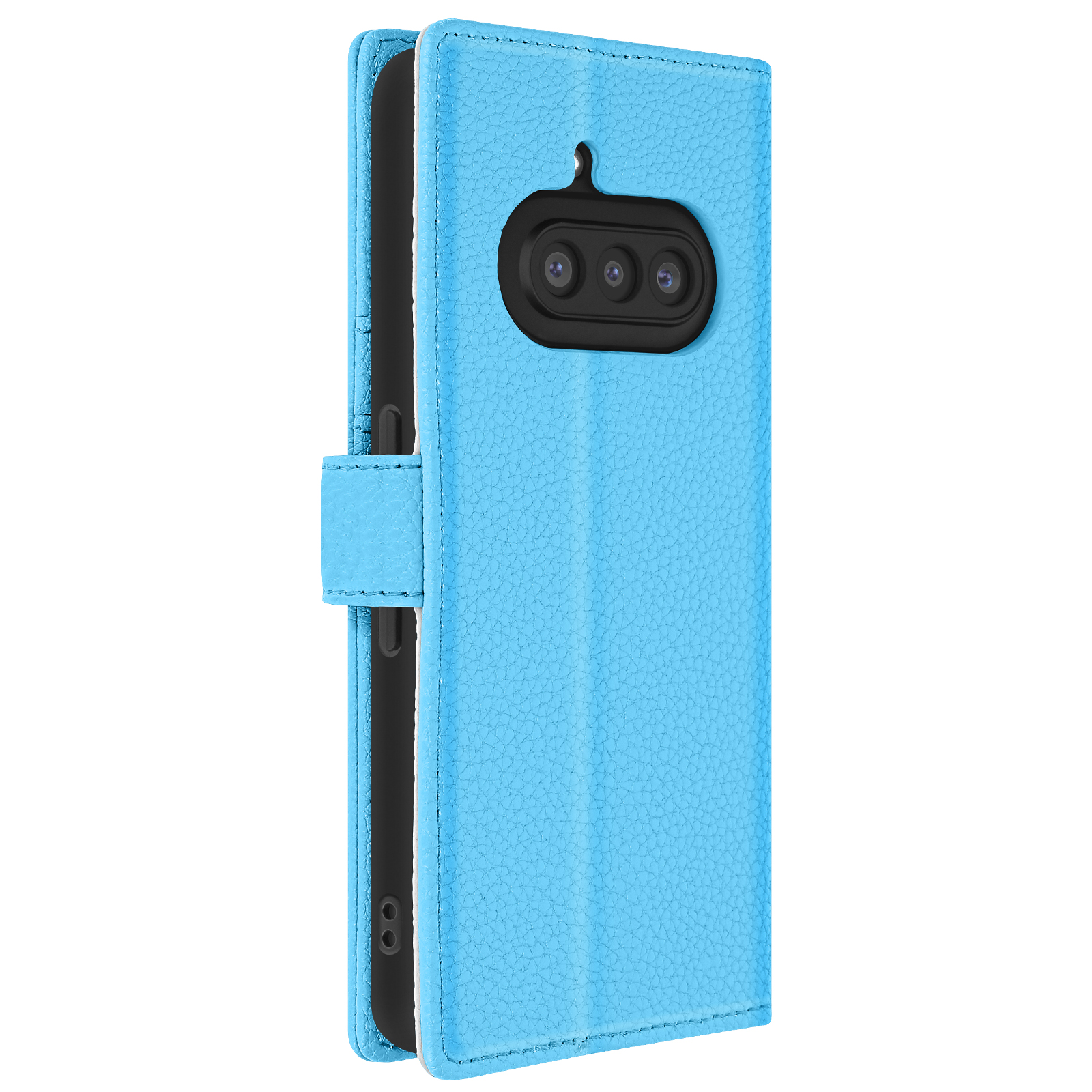 Custodia blu per telefono con slot per carte e una finestra per foto. La custodia è aperta.