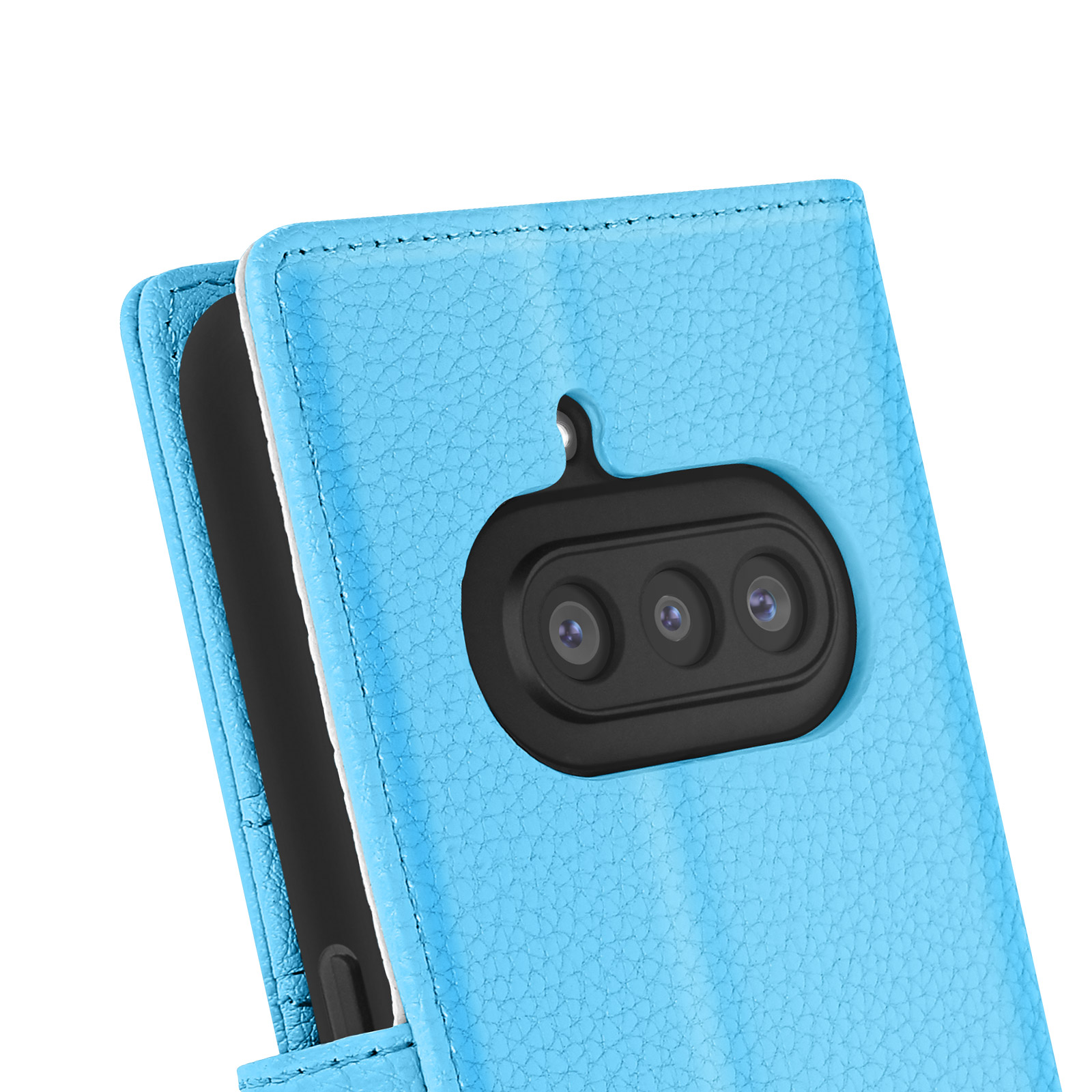 Custodia blu per telefono con ritaglio per tripla fotocamera. La custodia è aperta, mostrando le fotocamere del telefono.