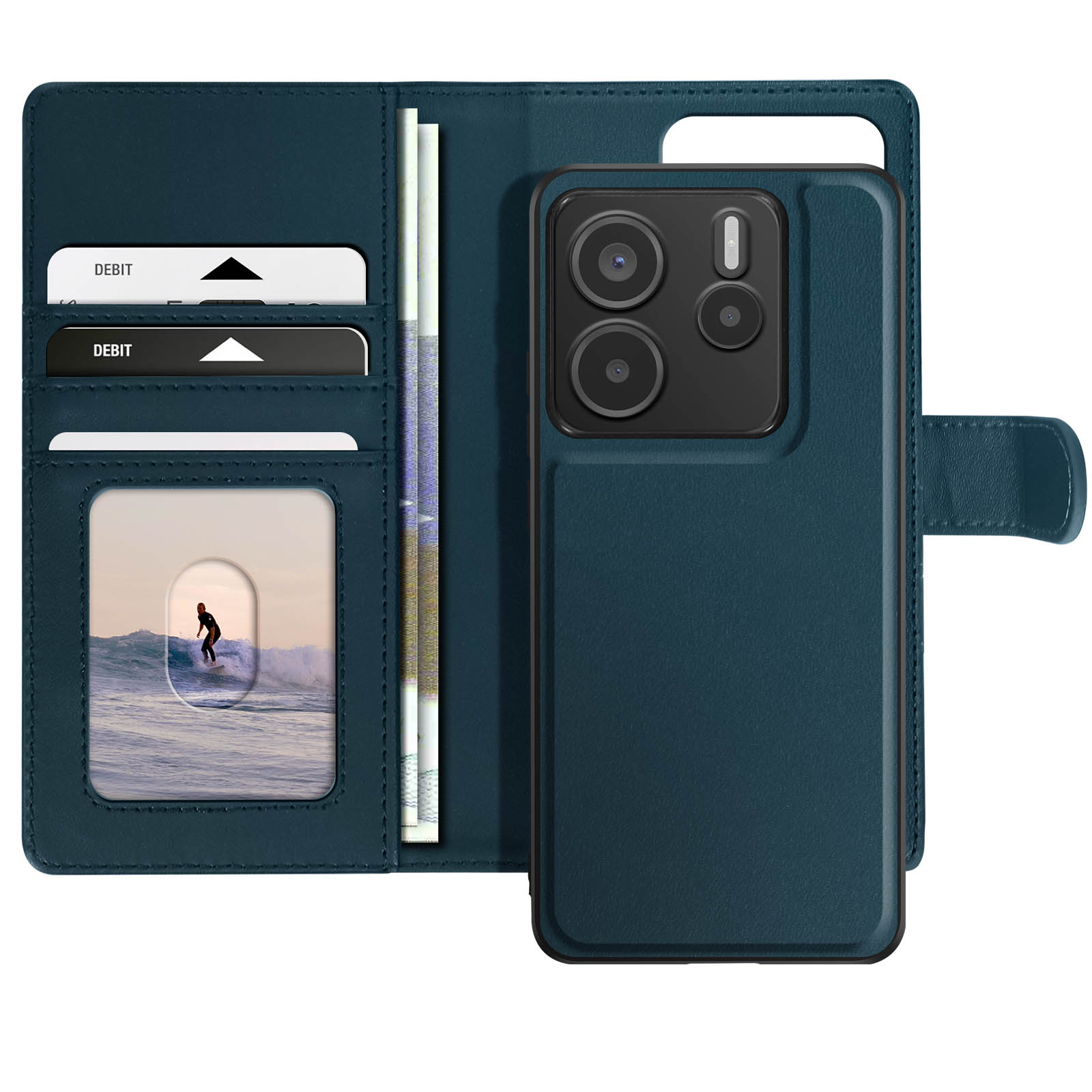Custodia per telefono blu scuro con slot per carte e una finestra per foto. La custodia è aperta.