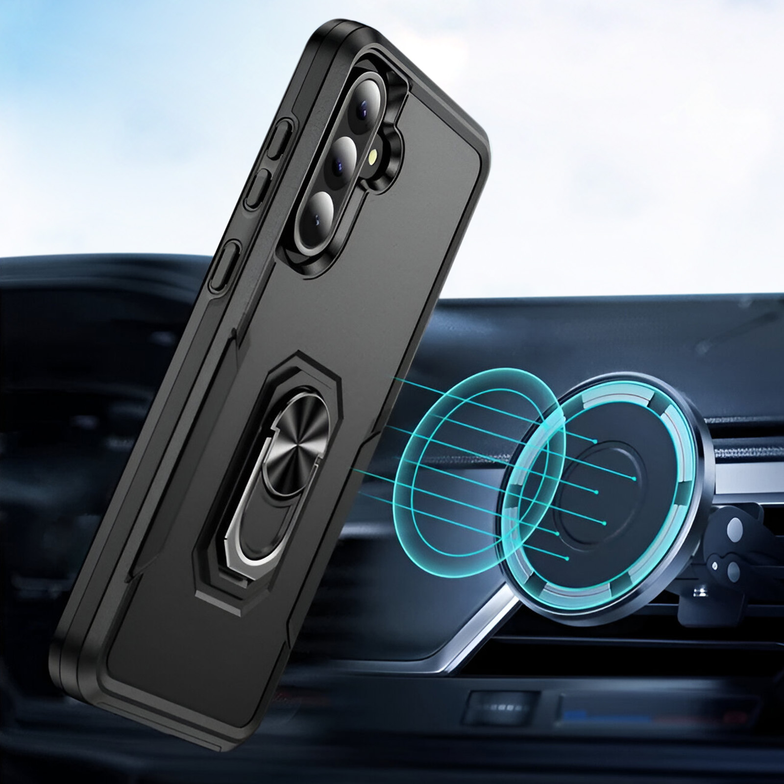 Custodia per telefono nera con porta anello attaccata alla presa d'aria dell'auto.