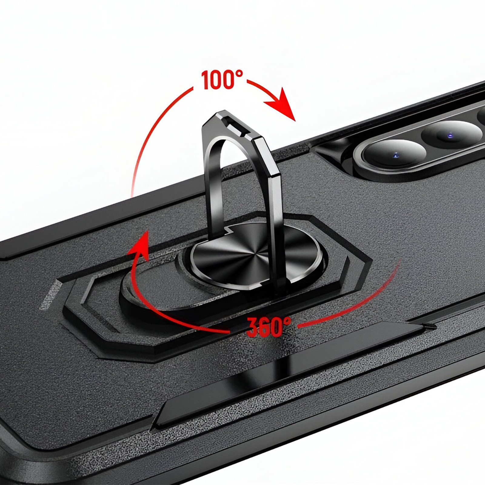 Custodia per telefono nera con porta anello. Mostra la rotazione a 360° e il movimento a 100°.