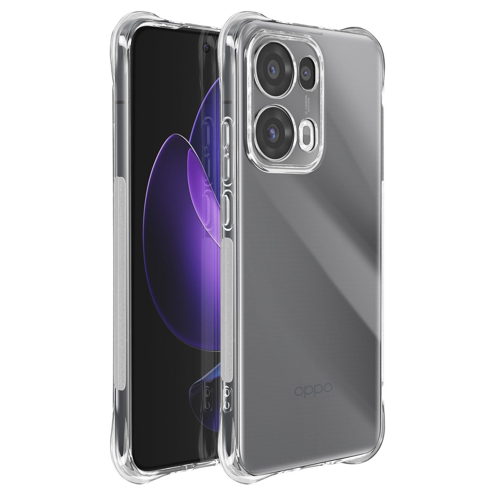 Ein Telefon mit einer durchsichtigen Oppo-Hülle. Die Hülle hat Kameraausschnitte.