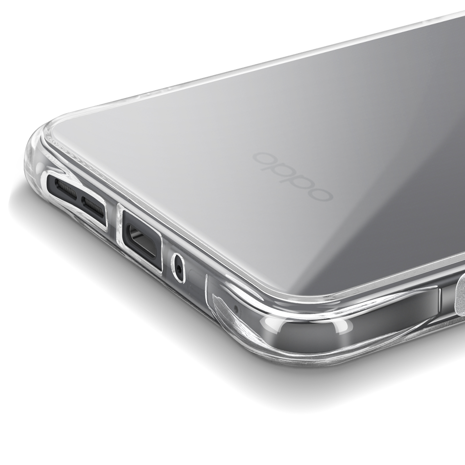 Transparente Handyhülle auf einem Telefon mit dem Logo 'oppo'. Der Fokus liegt auf den Details.