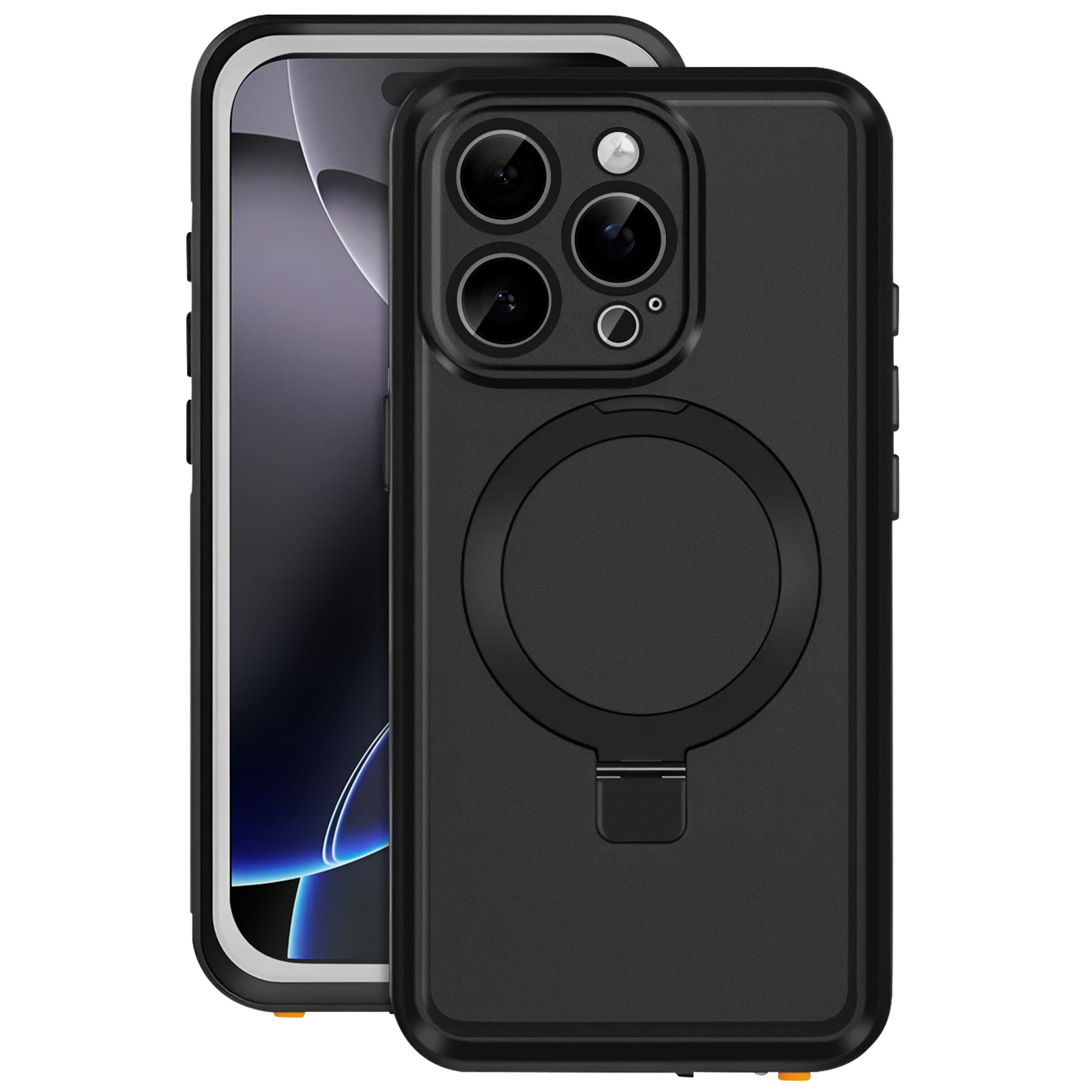Telefono nero con custodia, con design. Telefono e custodia su superficie scura.