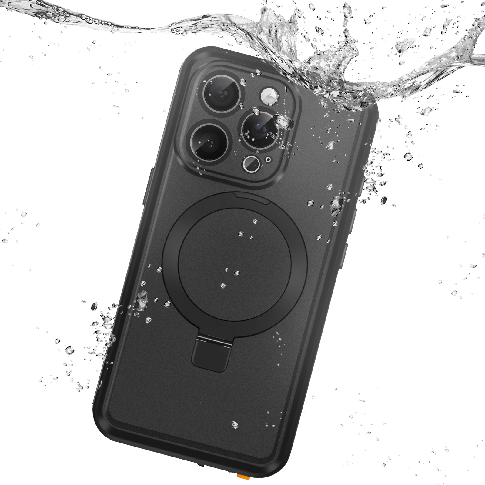 Telefono nero in acqua, con custodia. Spruzzi d'acqua. Custodia con anello circolare.