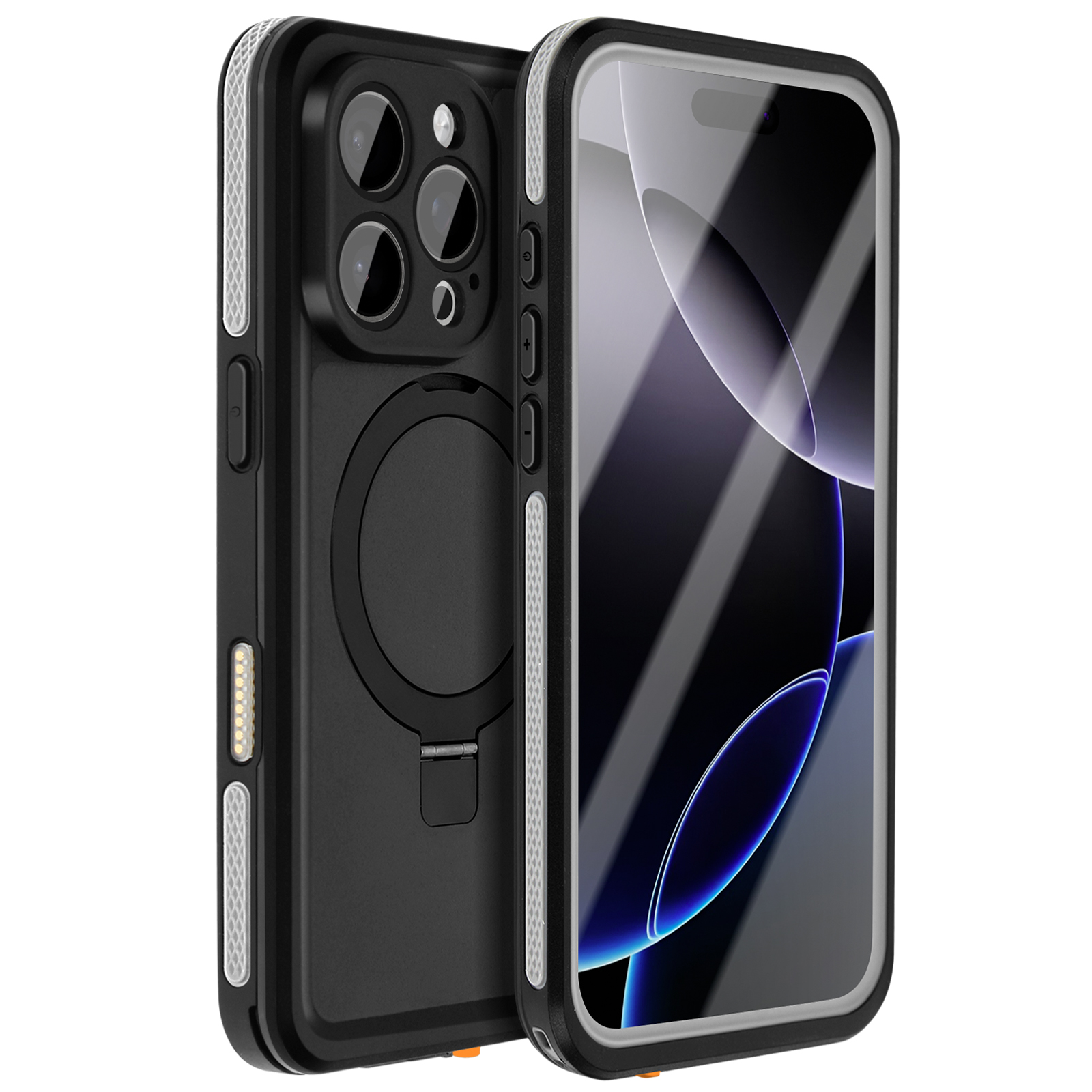 Custodia per telefono nera e grigia con protezione schermo trasparente e anello magnetico sul retro.