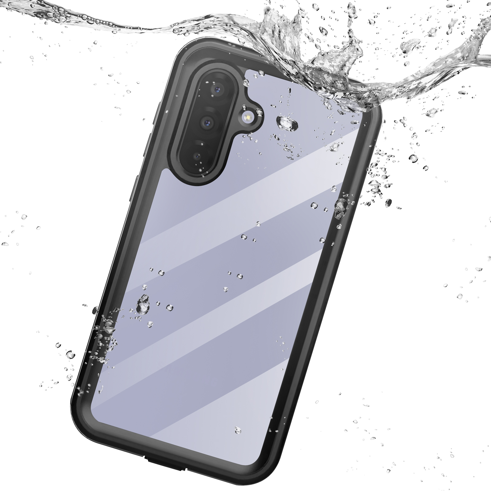 Telefono nero in custodia trasparente impermeabile. L'acqua schizza intorno alla custodia. Fotocamera visibile.