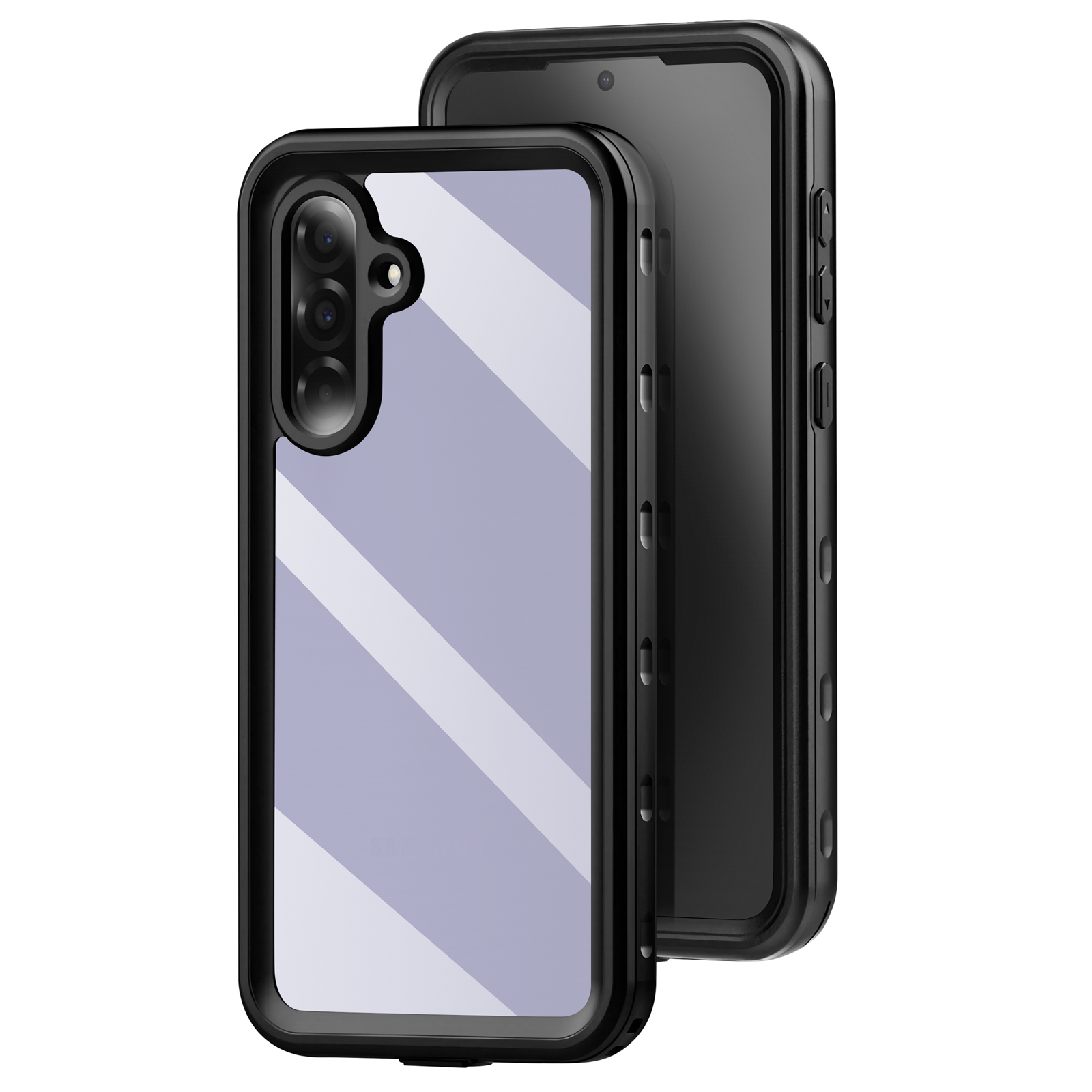 Custodia per telefono con retro trasparente, cornice nera, telefono all'interno. Lenti della fotocamera visibili.