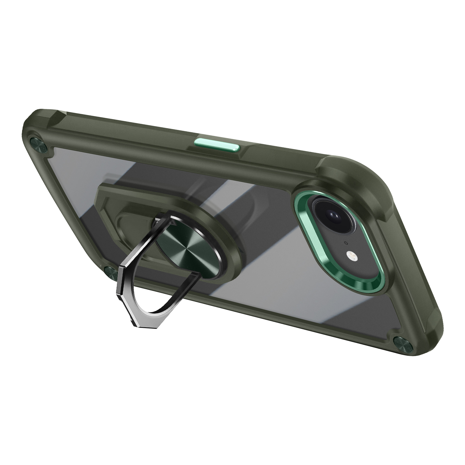 Custodia verde per telefono con supporto ad anello. Telefono all'interno, retro trasparente. Fotocamera e pulsanti visibili.