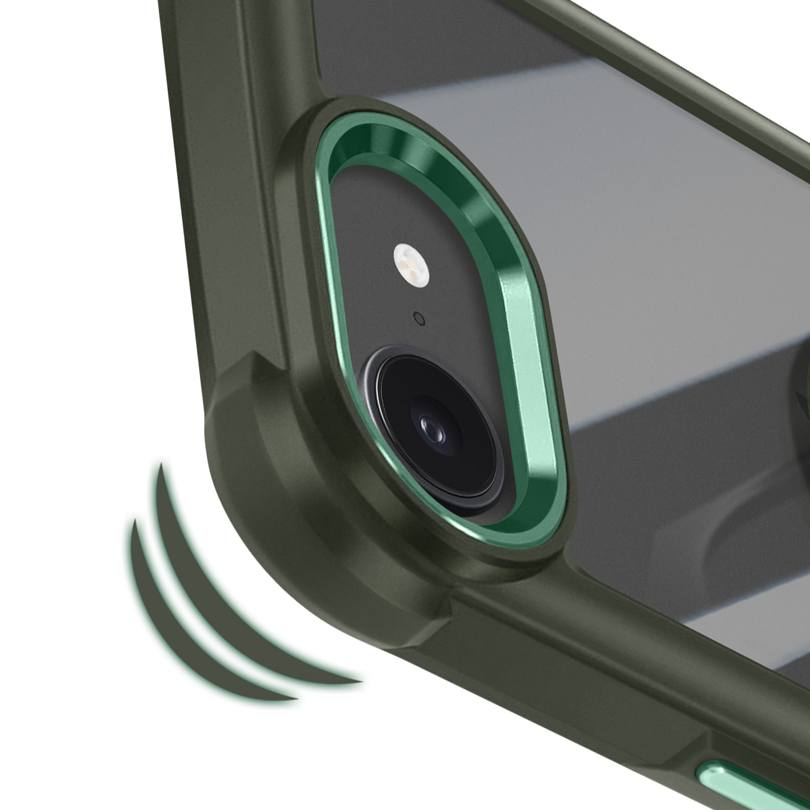 Primo piano della fotocamera del telefono in una custodia verde scuro. Le linee indicano la protezione dagli urti.
