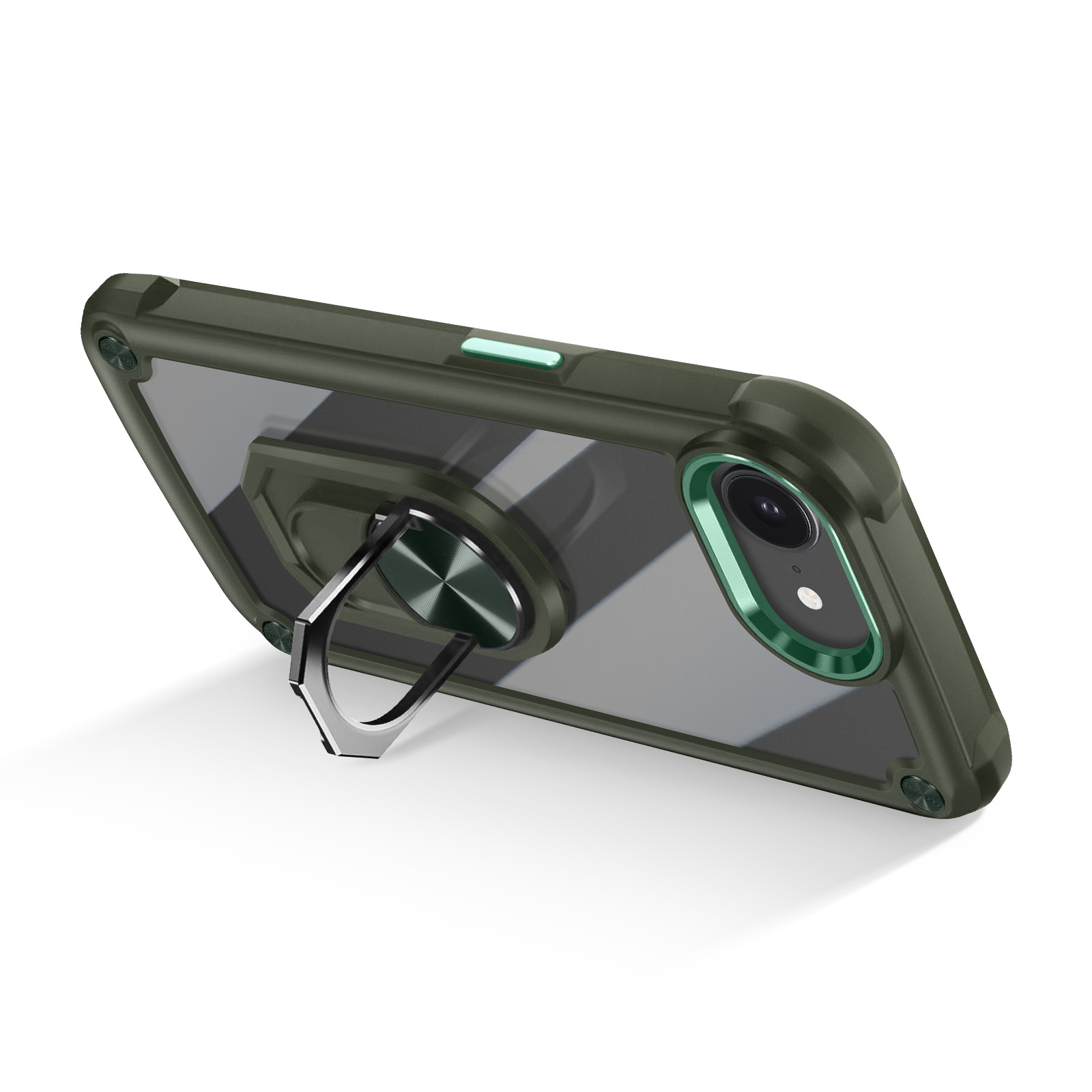 Custodia verde per telefono con supporto ad anello. Telefono all'interno, retro trasparente. Fotocamera e pulsanti visibili.