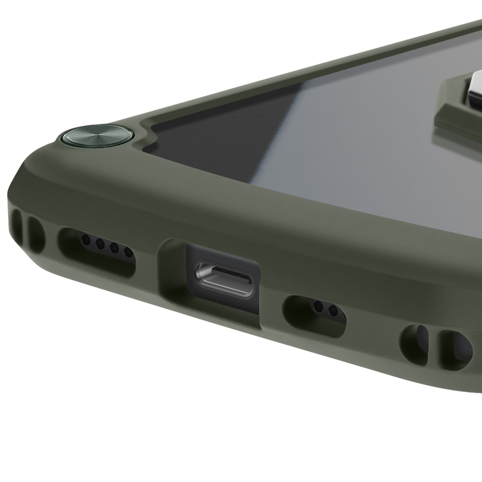Primo piano della custodia verde del telefono con porte e pulsanti visibili. Retro trasparente della custodia.