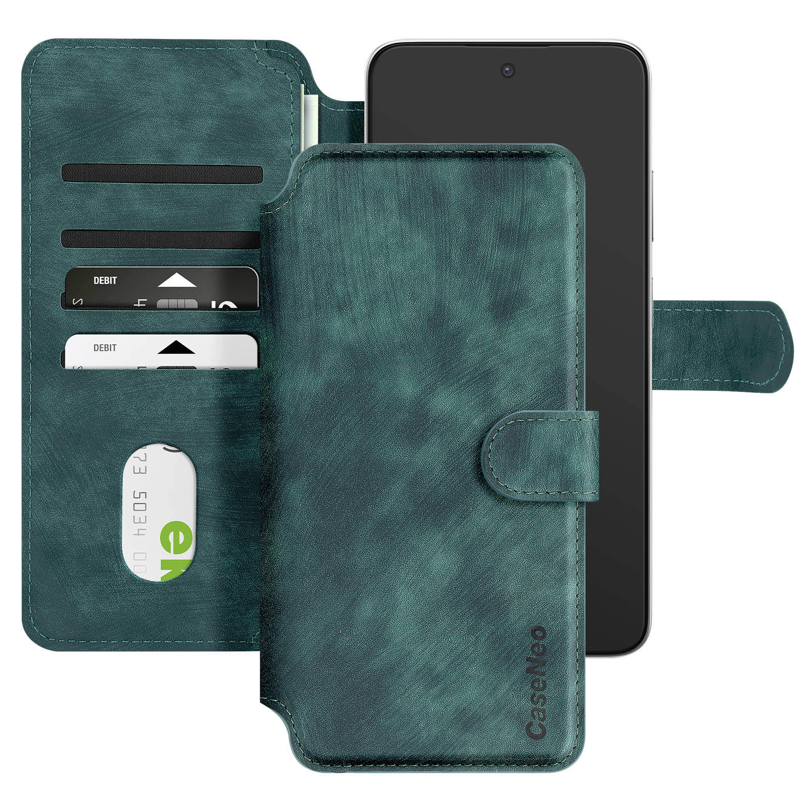 Custodia per telefono verde acqua aperta con carte, telefono a destra. Logo CaseNeo in basso.