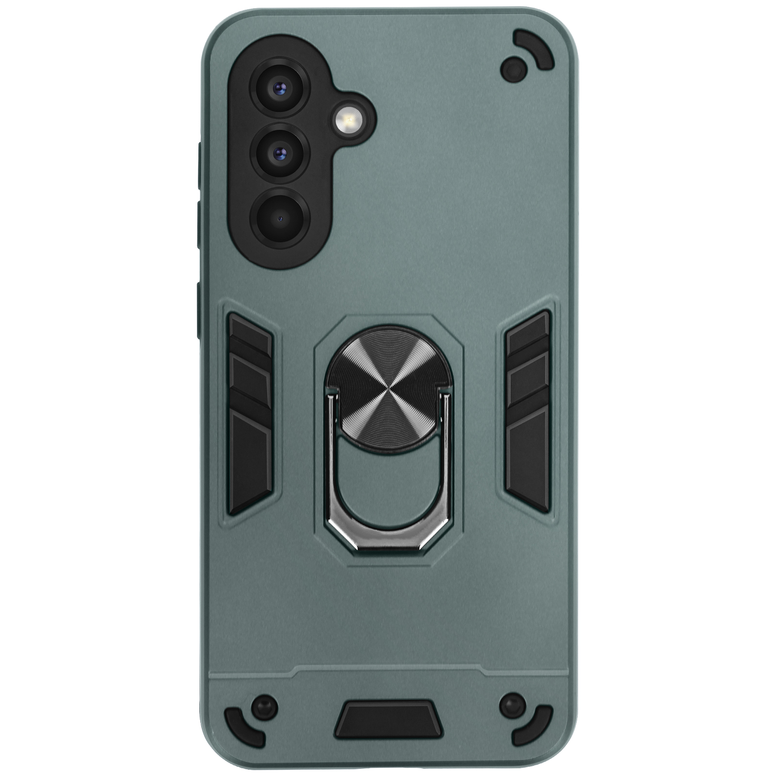 Groene telefoonhoes, voorzien van drievoudige camera en ringhouder. Het ontwerp is robuust.