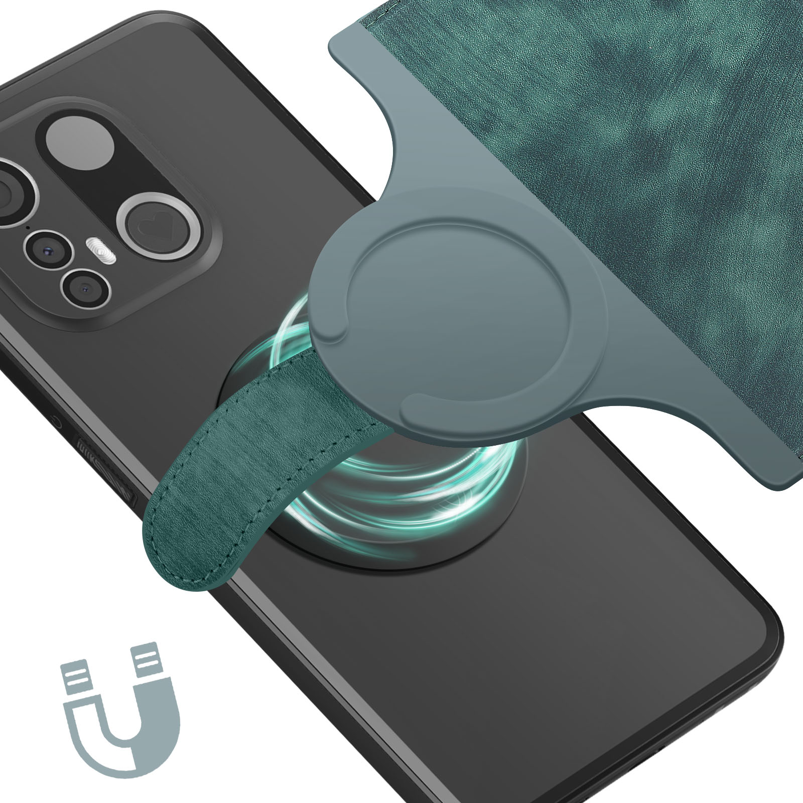Telefono con supporto ad anello attaccato al retro. Icona calamita. Custodia verde acqua.