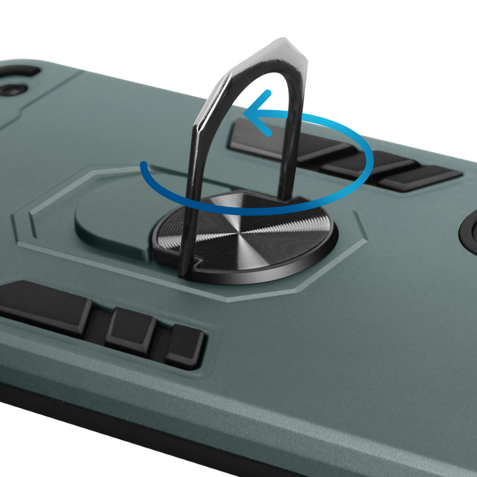 Telefoonhoes met ringhouder. De ring draait, getoond met een blauwe pijl. Groene hoes.