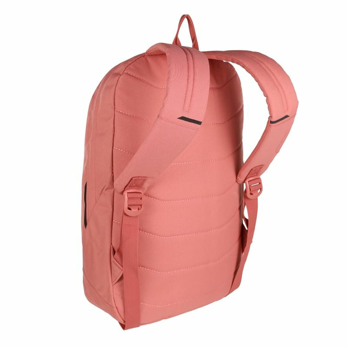 Rucksack in Rosa, Rückansicht, mit gepolsterten Trägern und Einsätzen. Mit einer Schlaufe zum Aufhängen.