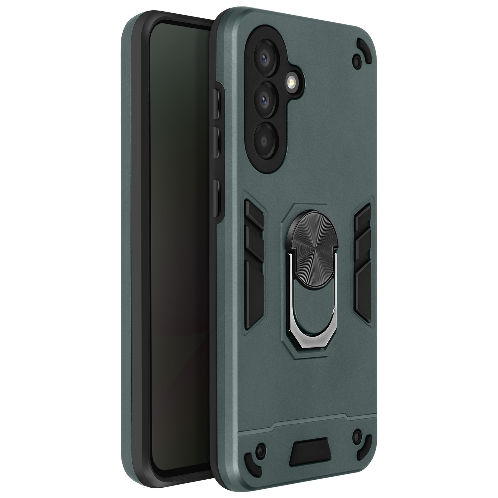 Een groene telefoonhoes met een ringhouder, die een zwarte telefoon beschermt. De hoes heeft een camera-array.