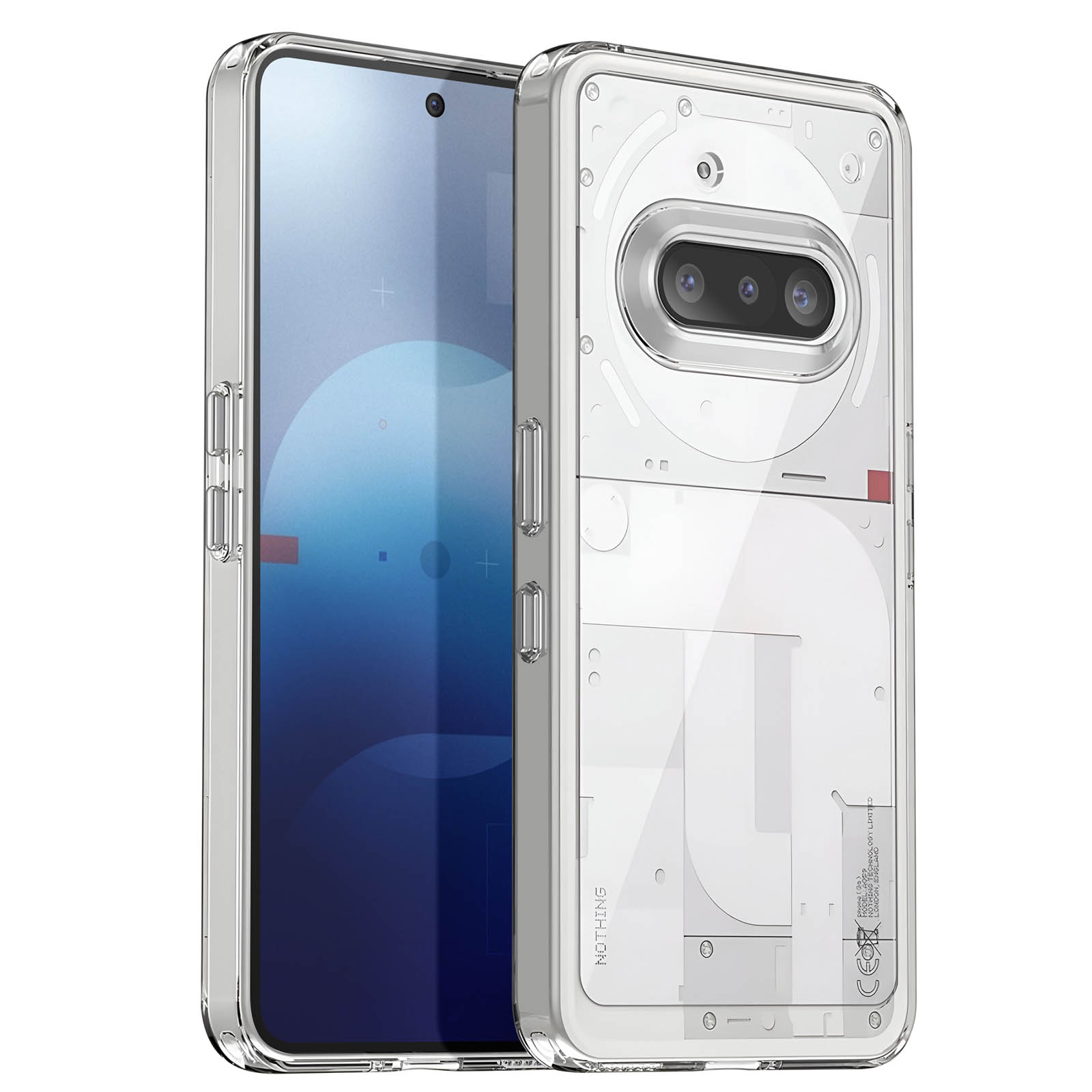 Coque transparente et téléphone. La coque montre le design. Blanc et transparent.