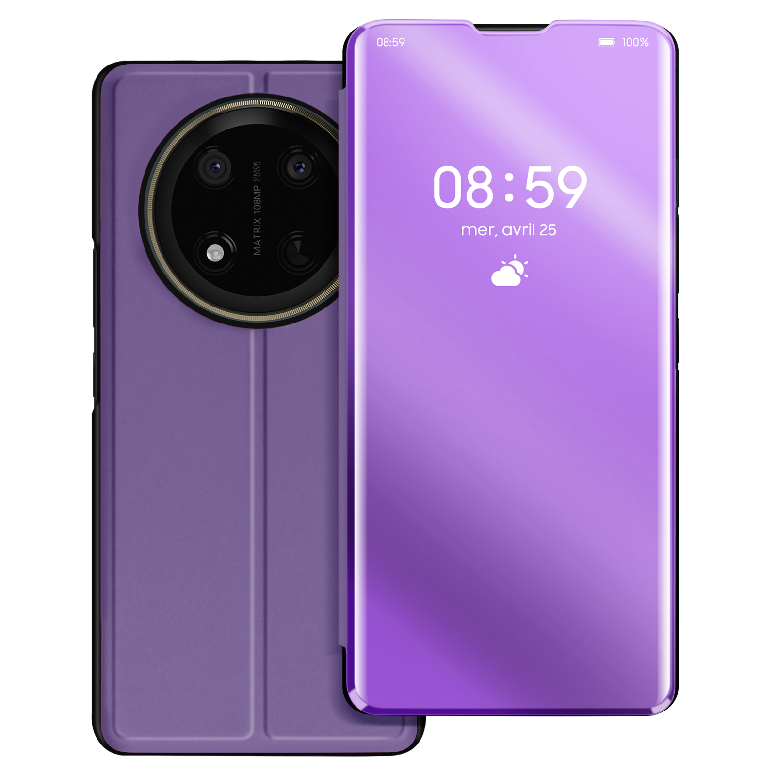 Telefono viola con custodia viola. Lo schermo mostra l'ora. La custodia è chiusa.