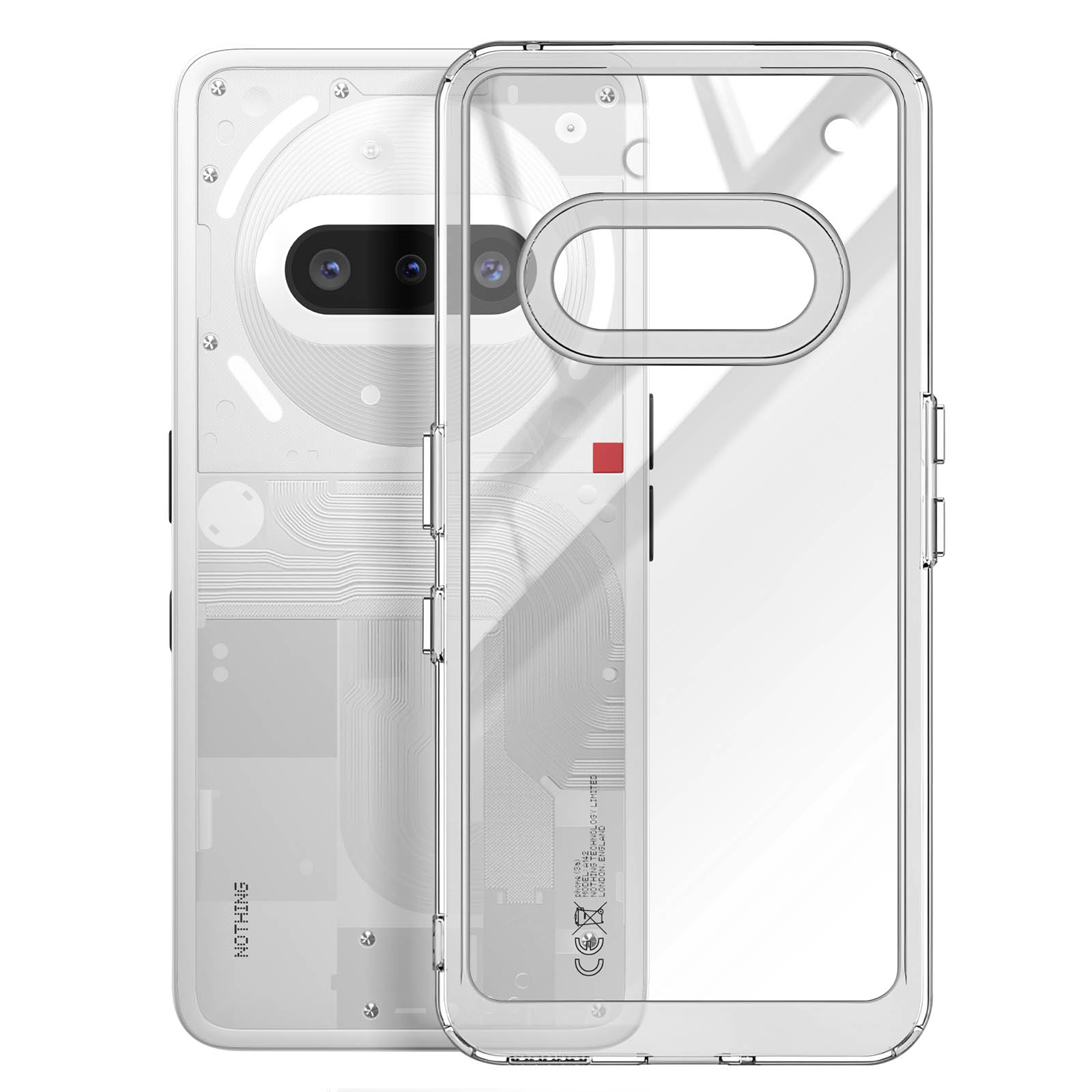 Téléphone et coque transparente. Les deux montrent le design. La coque est blanche et transparente.