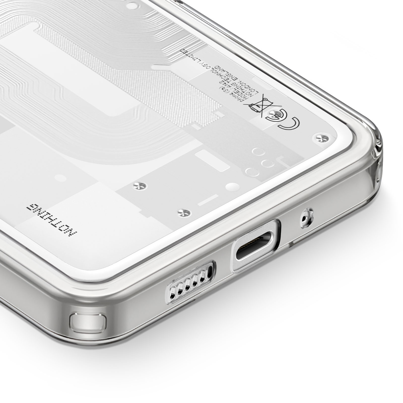 Coque transparente avec composants visibles. Gros plan. Cadre argenté.