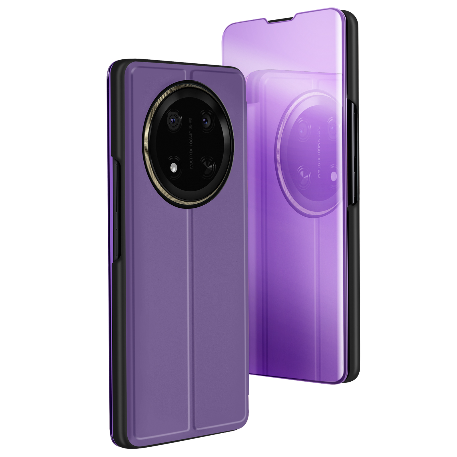 Custodia per telefono viola, con ritagli per fotocamera e un retro a specchio. Cornice nera e dettagli dorati.