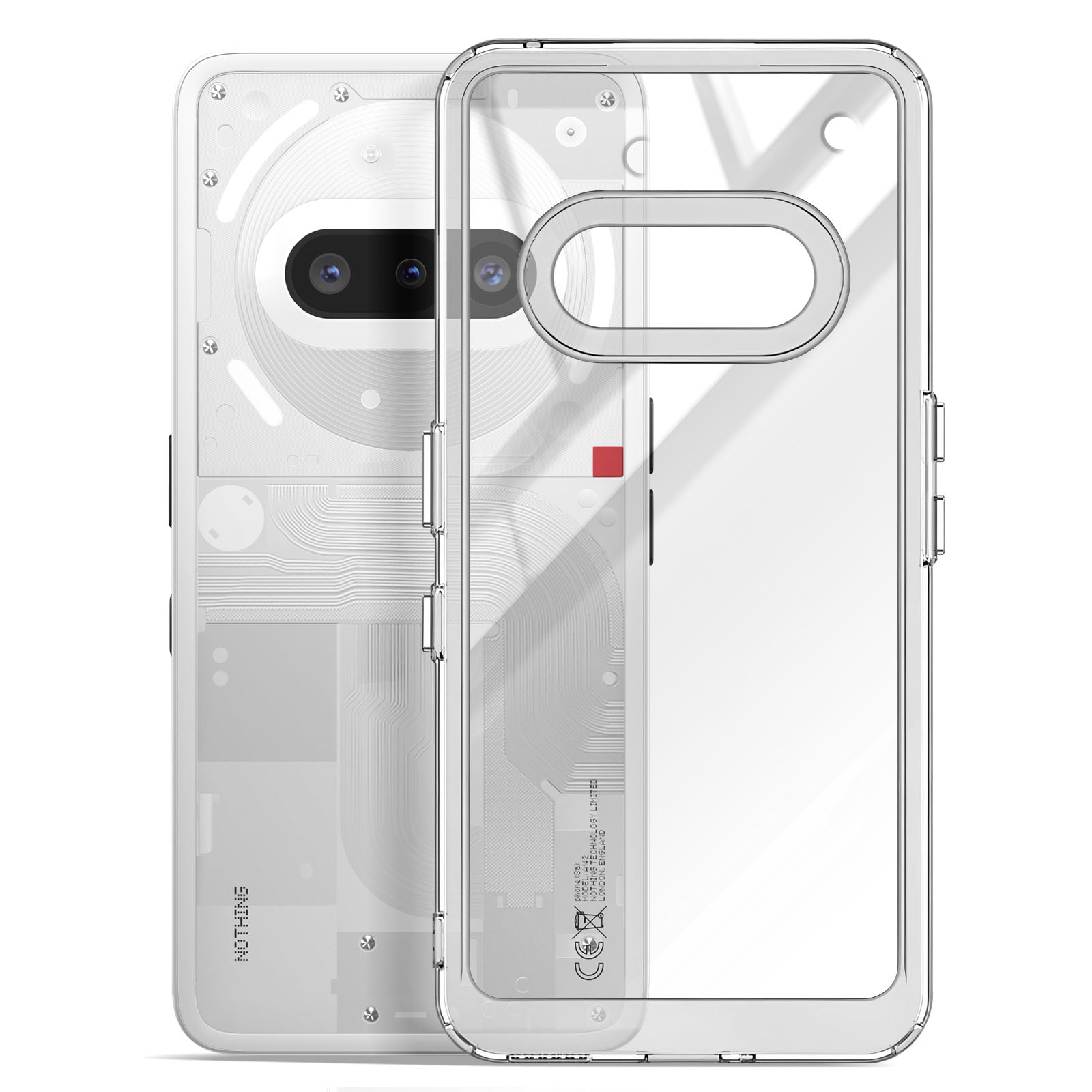 Téléphone et coque transparente. Design visible. Blanc et transparent, téléphone visible.