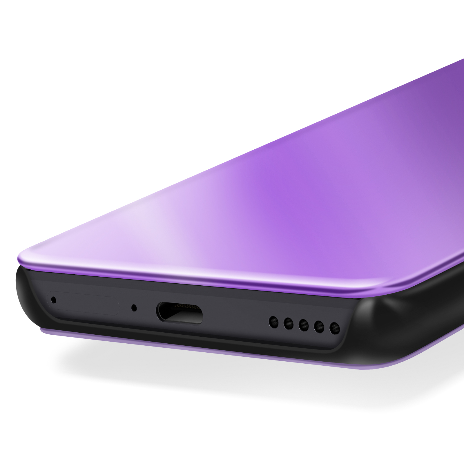 Primo piano di un telefono viola. Ha una parte inferiore nera con fori per altoparlanti e una porta.