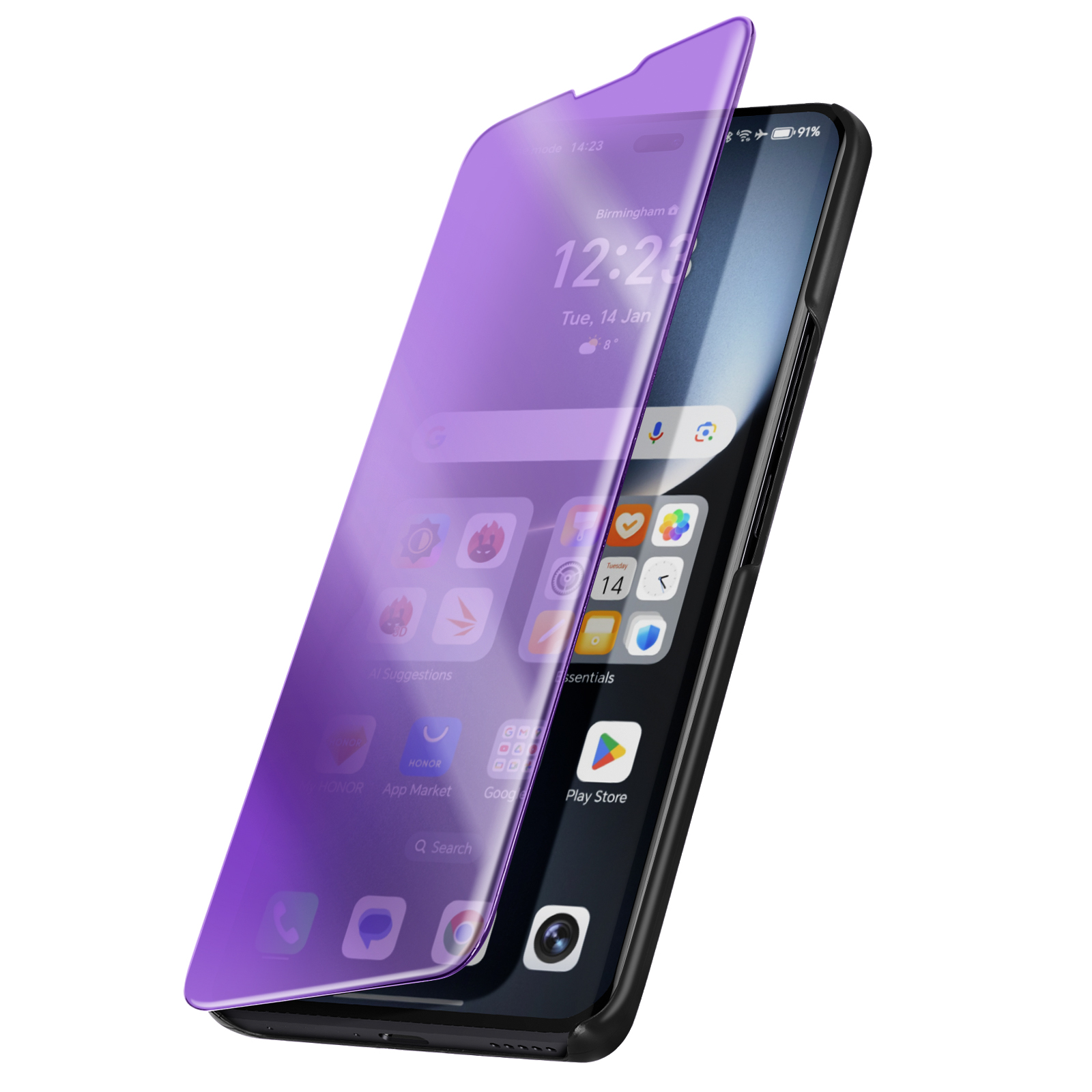 Uno smartphone con una protezione per schermo privacy viola. Schermata iniziale con icone visibile. Sfondo bianco.