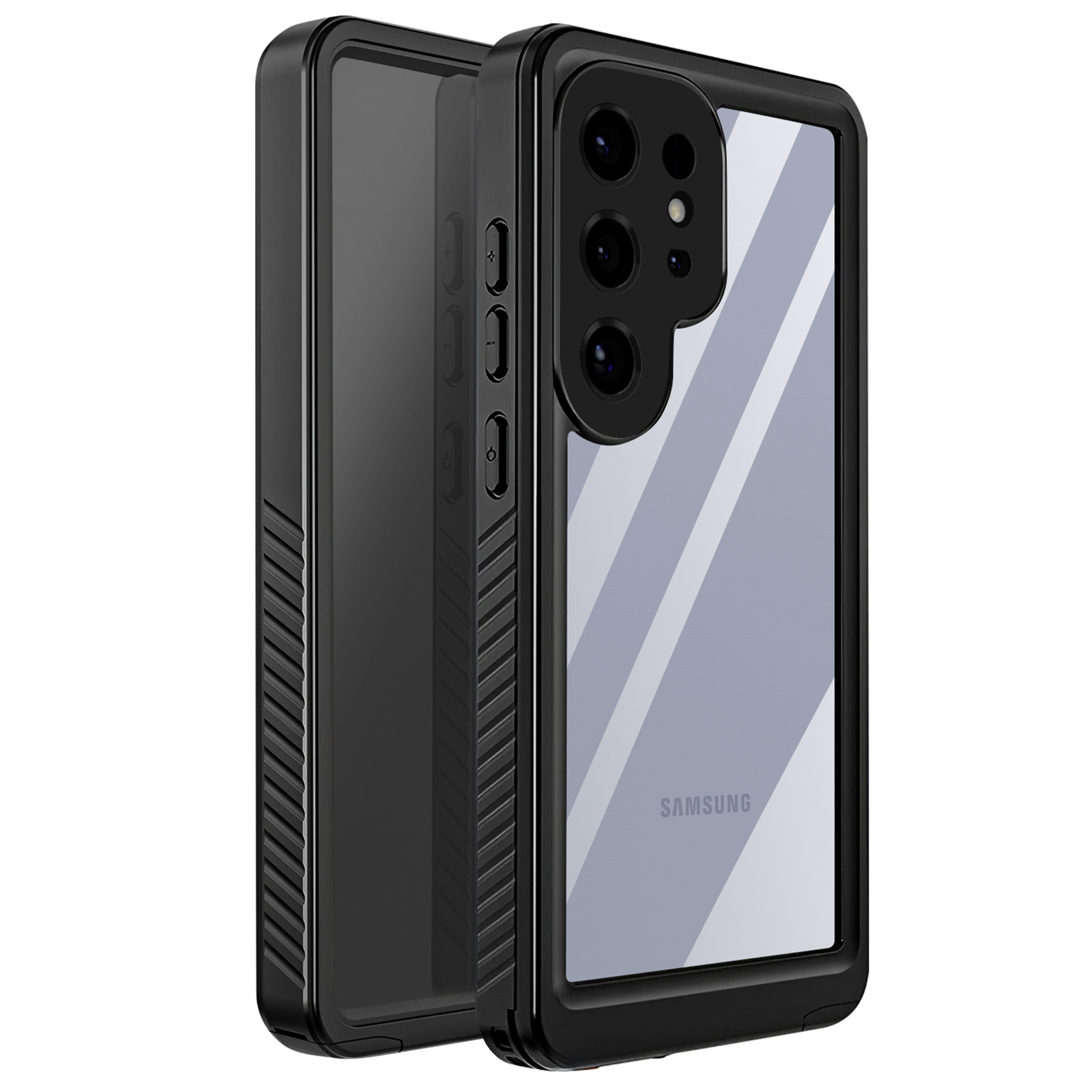 Zwarte telefoonhoes met een doorzichtige achterkant, beschermt een Samsung telefoon.
