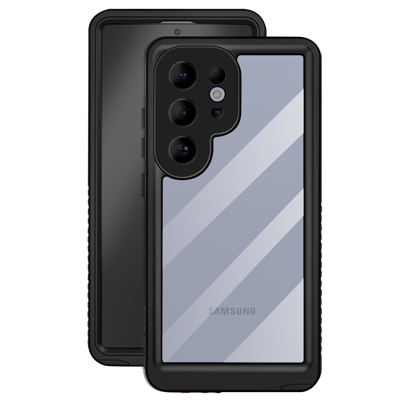 Zwarte hoes met doorzichtige achterkant en Samsung-telefoon, schuine weergave.