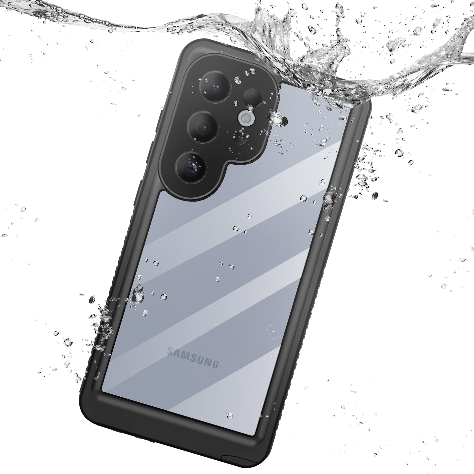 Zwarte telefoonhoes met een doorzichtige achterkant, met opspattend water.