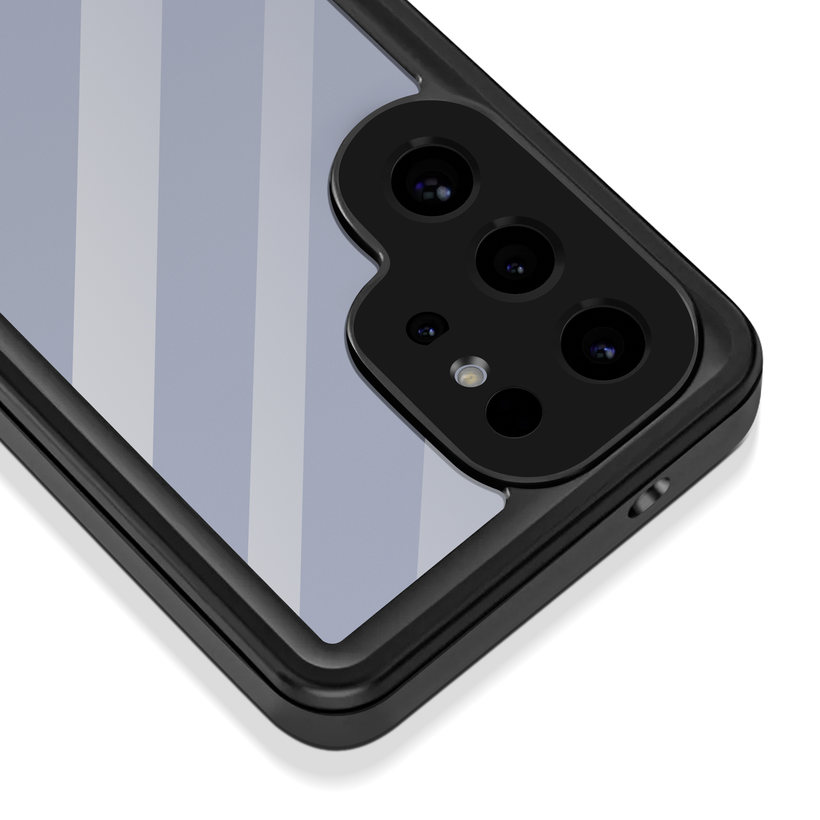 Close-up van een telefoonachterkant met camera's. Grijs en zwart design, witte achtergrond.