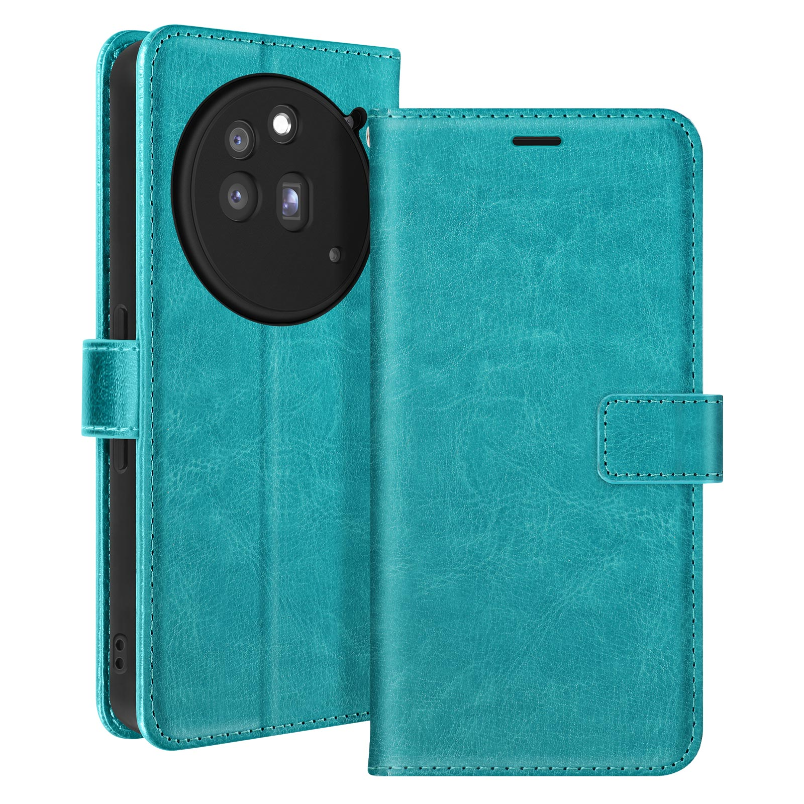 Custodia per telefono in pelle verde acqua aperta, che mostra il modulo fotocamera.