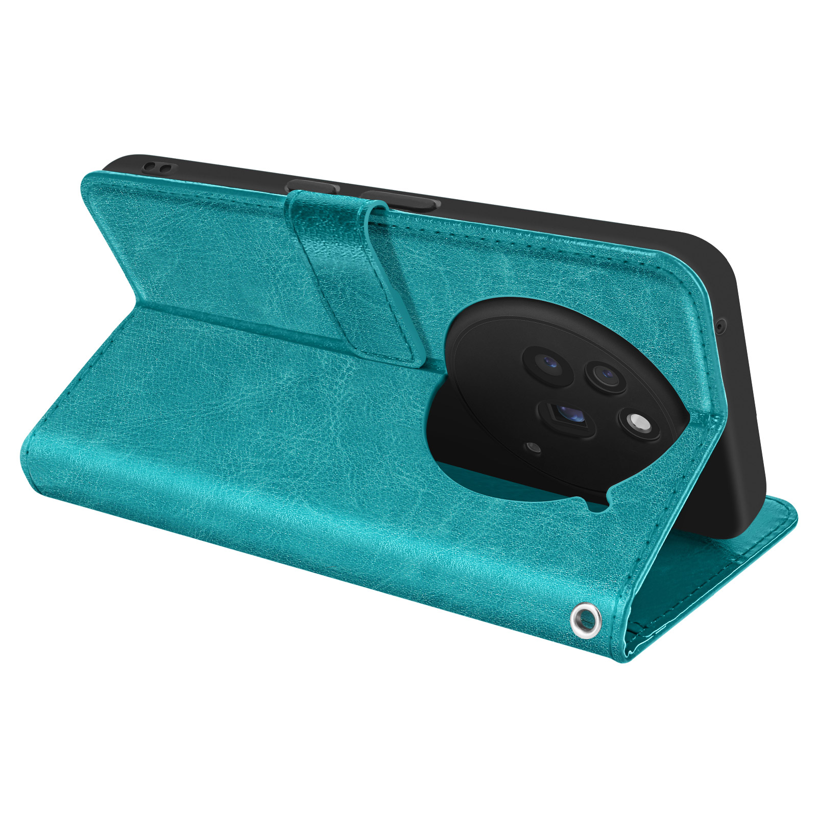 Custodia del telefono verde acqua aperta, che rivela il telefono nero. Obiettivi della fotocamera visibili. Custodia strutturata.