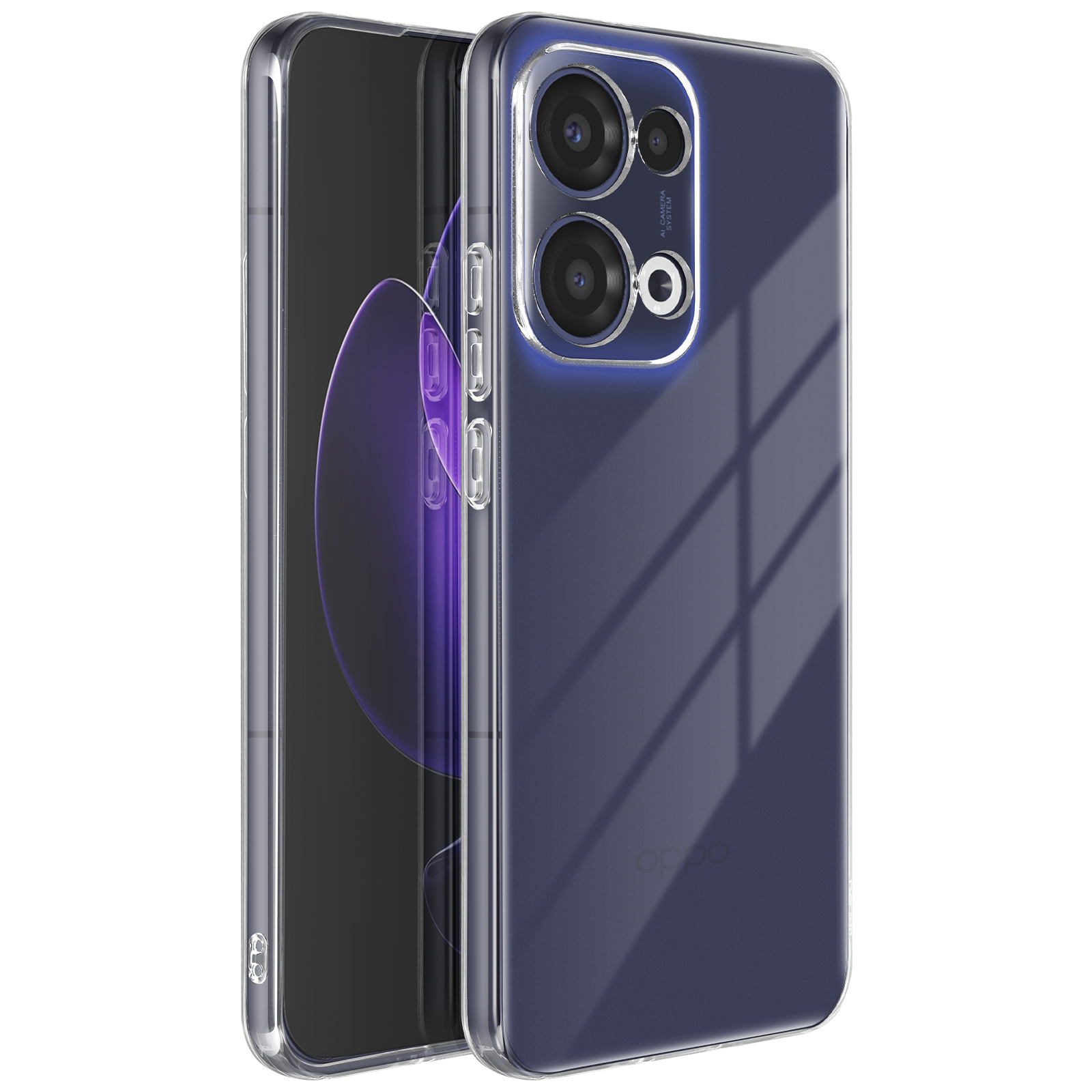 Custodia trasparente per telefono. Il telefono ha una configurazione a tripla fotocamera. Copertura trasparente.