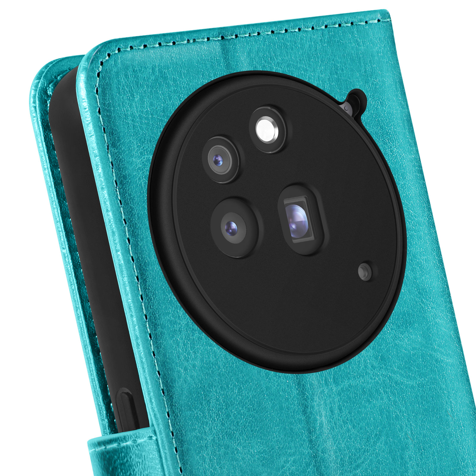 Custodia del telefono verde acqua aperta. Tripla fotocamera nera del telefono visibile. La custodia è strutturata.