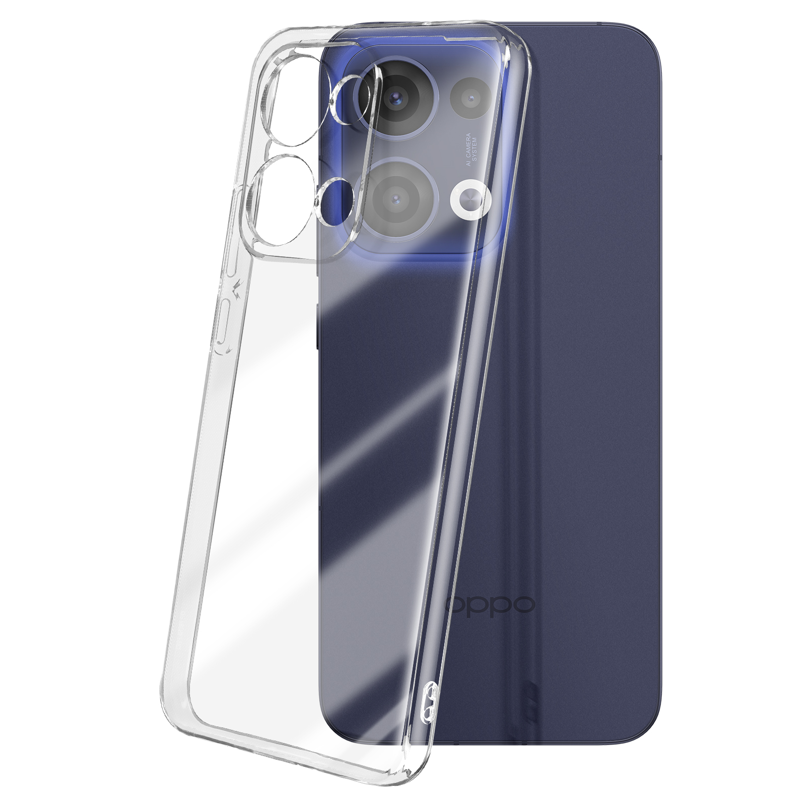 Custodia trasparente su un telefono blu. Ha più lenti e un design elegante e trasparente per la protezione.