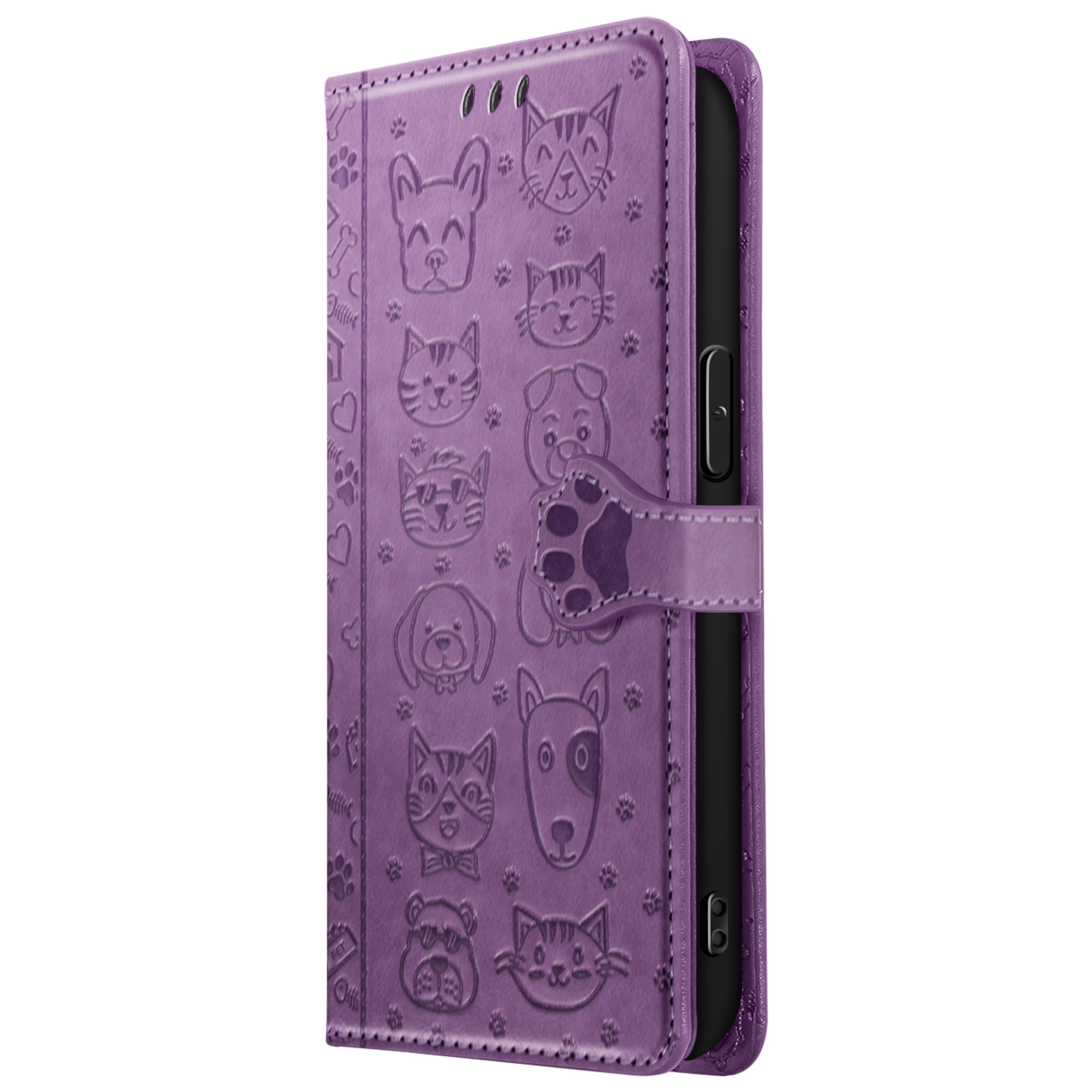 Custodia per telefono viola con disegni di cani e gatti. Aperta, mostra il telefono con fotocamera.