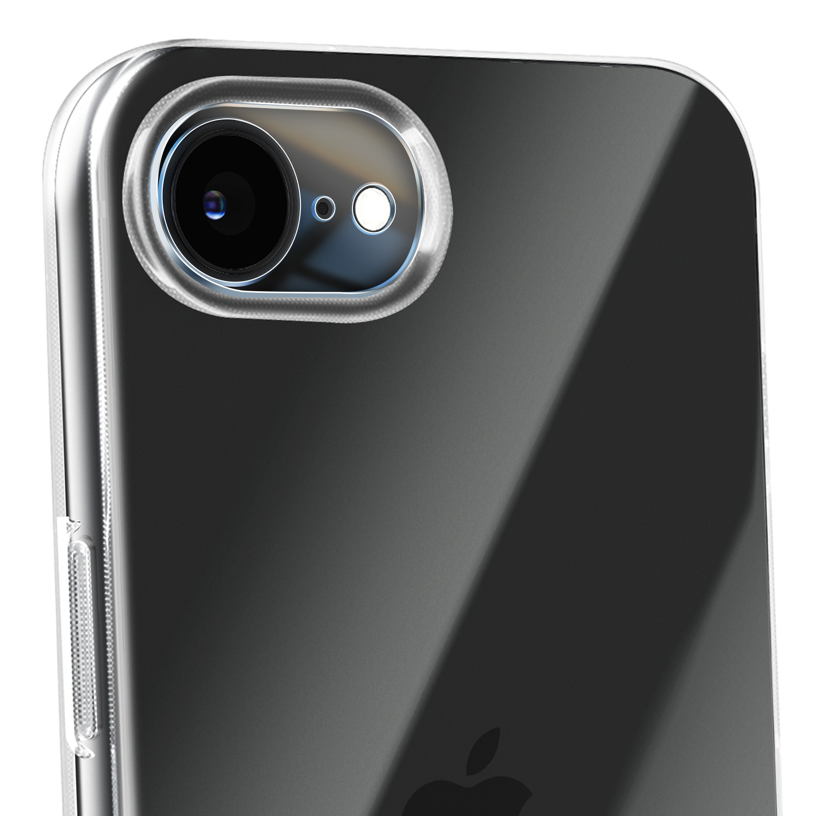 Close-up van een telefoonhoesje. Het is transparant en toont de cameralens en het Apple-logo.