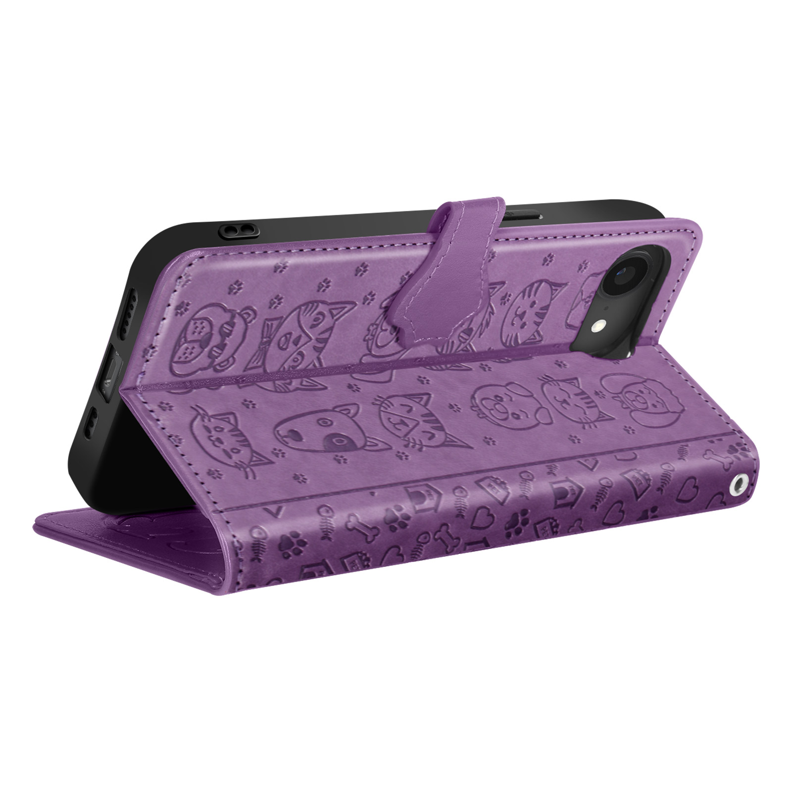 Custodia per telefono viola con motivo gatto e cane. Telefono dentro.
