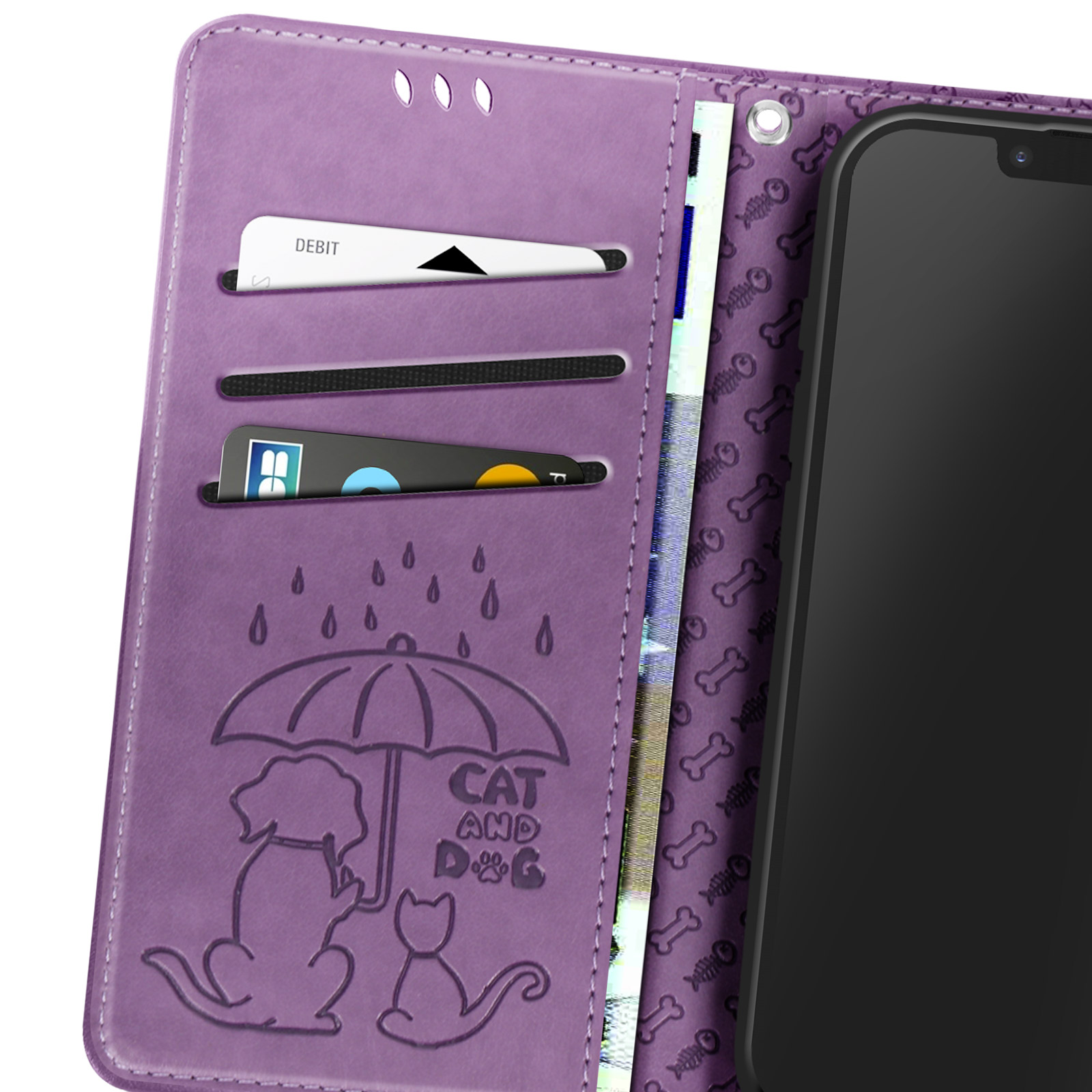 Interno custodia telefono viola con carte. Design gatto e cane sotto ombrello.