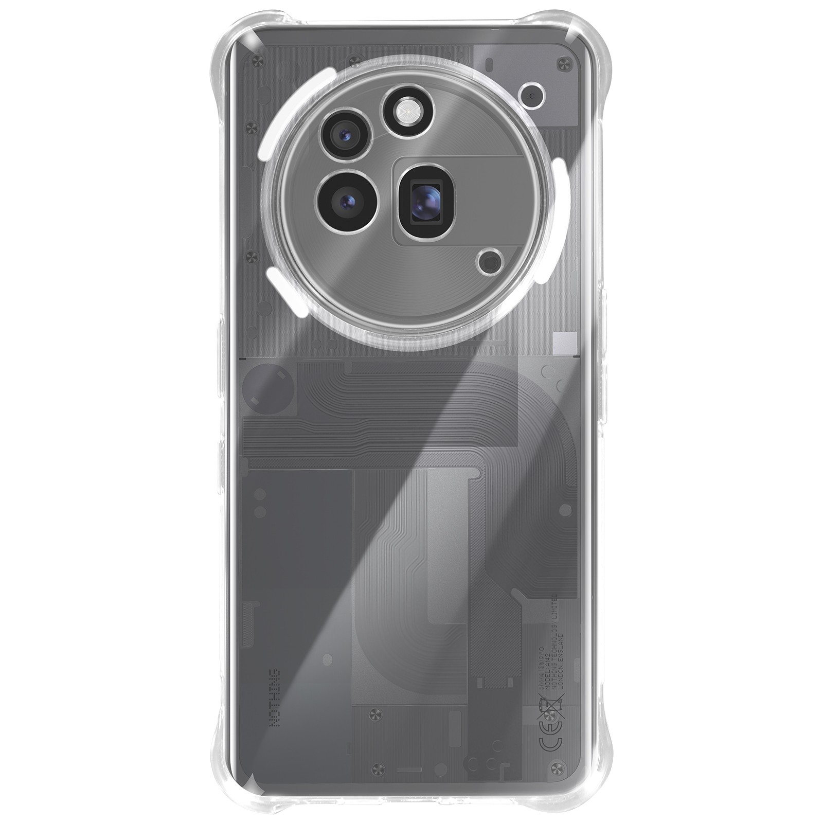 Coque de téléphone transparente montrant l'arrière d'un téléphone. Le téléphone a des caméras et un design de circuit imprimé.