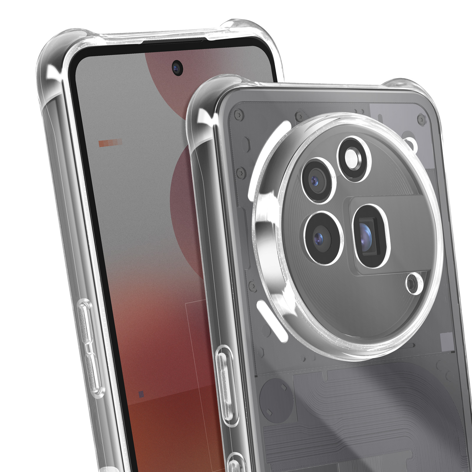 Gros plan d'une coque transparente avec téléphone, montrant la caméra et les détails.