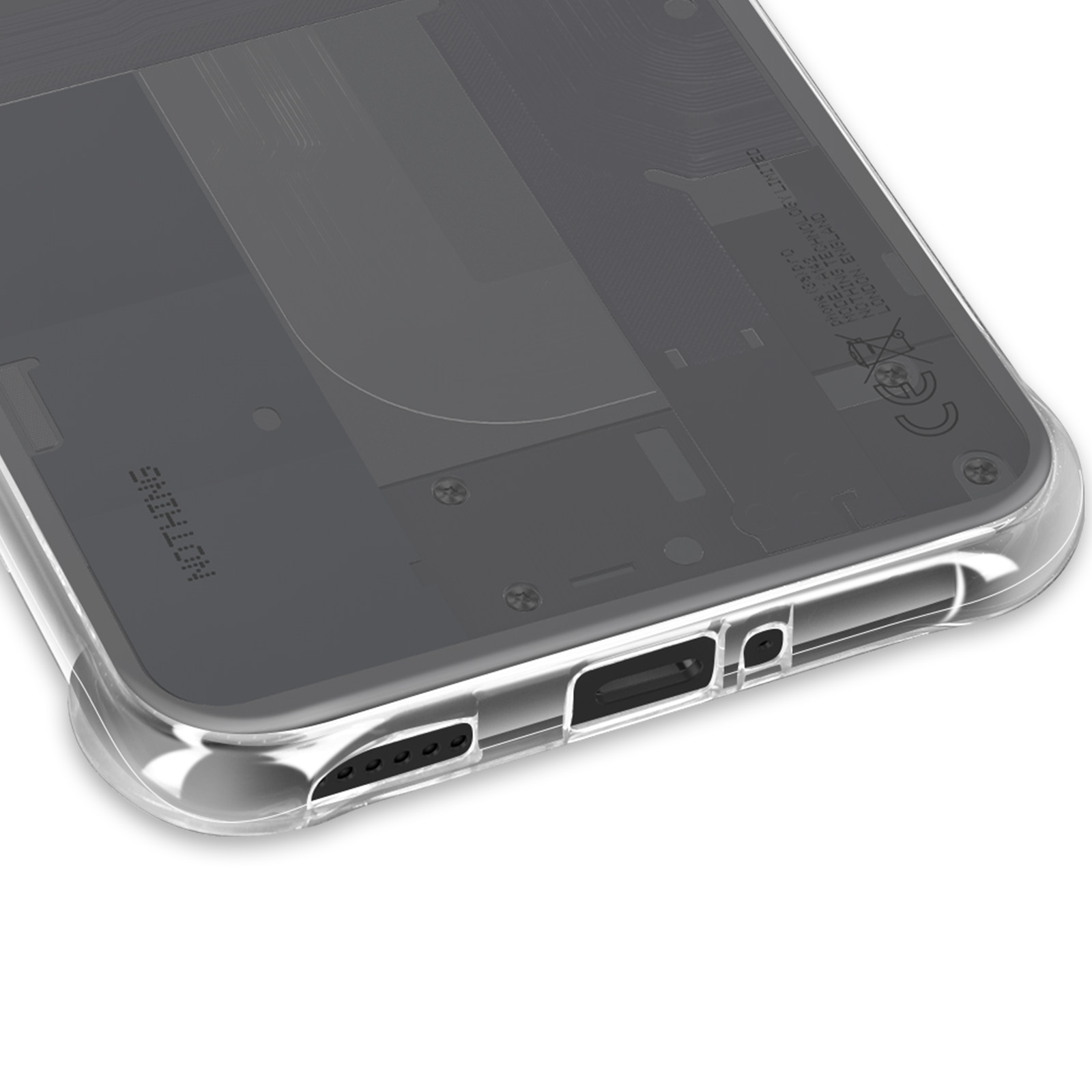 Coque de téléphone transparente, montrant l'intérieur du téléphone. Visibles le port de chargement, les haut-parleurs et les composants internes.