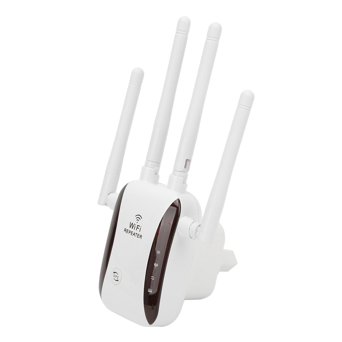 Weißer WLAN-Repeater mit vier Antennen. Er hat einen Ein-/Ausschalter und LED-Anzeigen und eine weiße Basis.