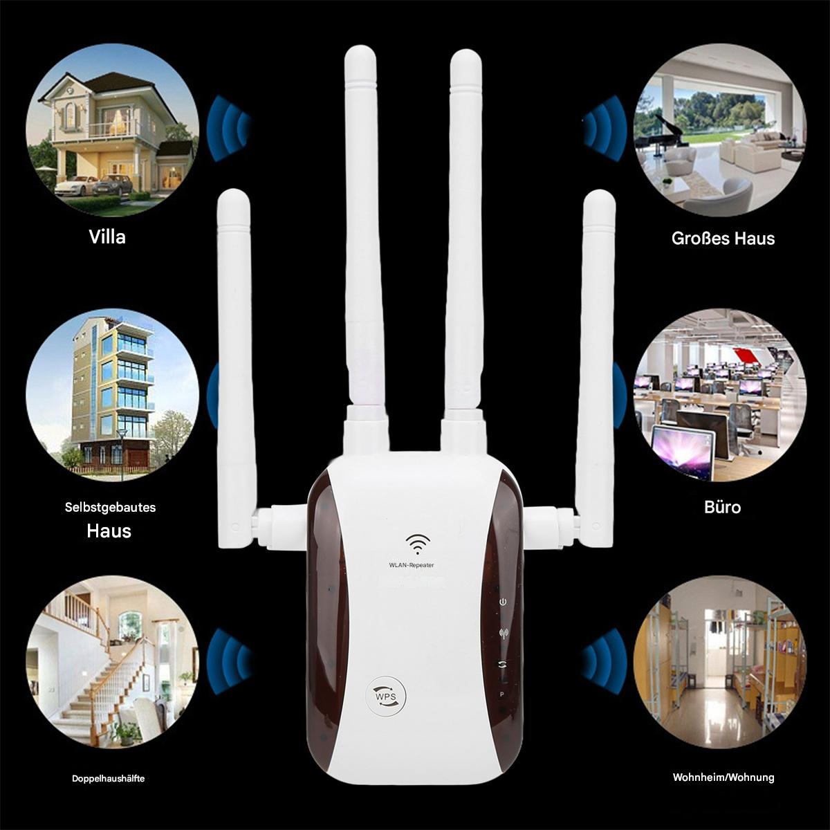 Ein WLAN-Repeater mit Antennen. Es ist von Bildern verschiedener Häuser und Wohnungen umgeben.