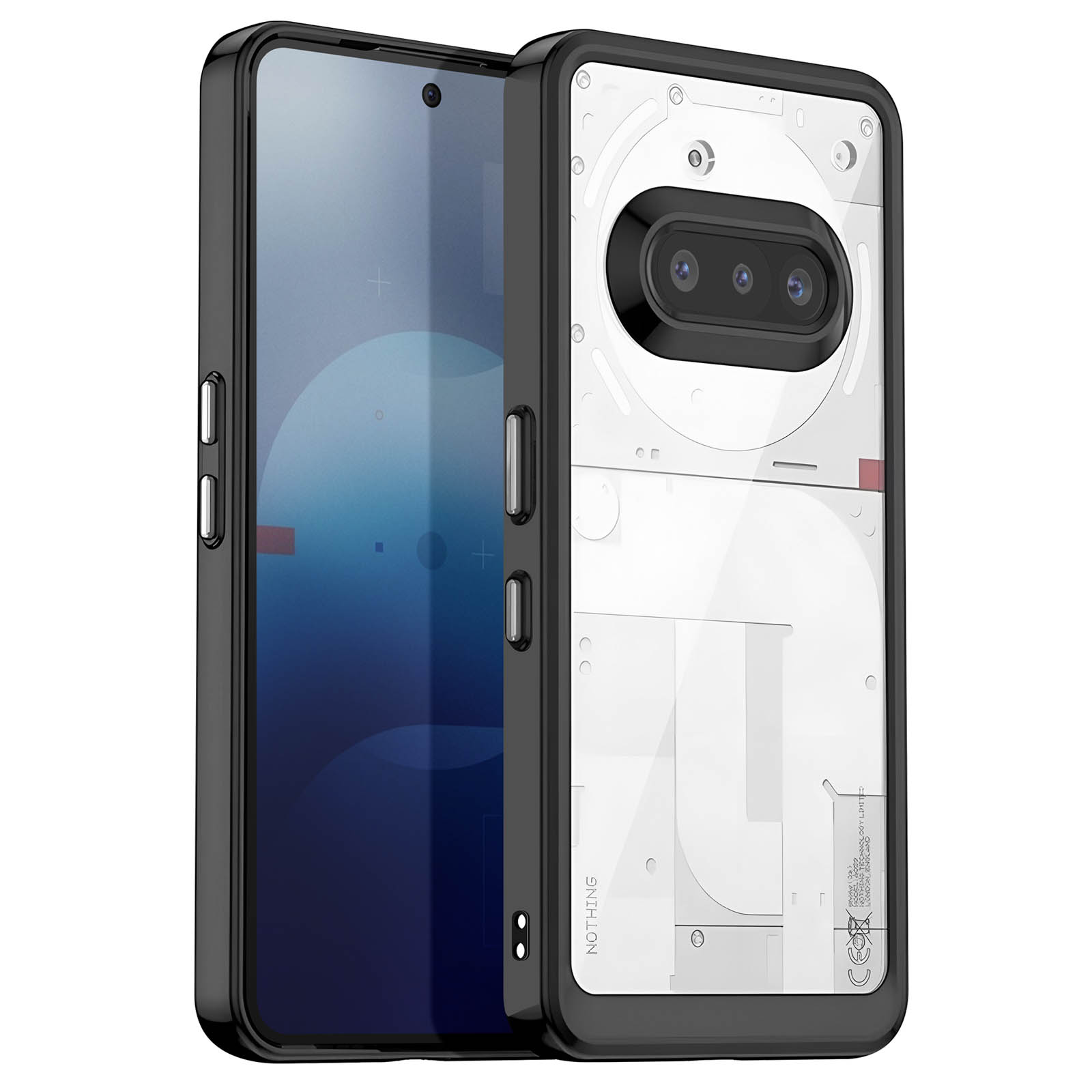Coque de téléphone avec cadre noir, montrant les composants internes du téléphone.